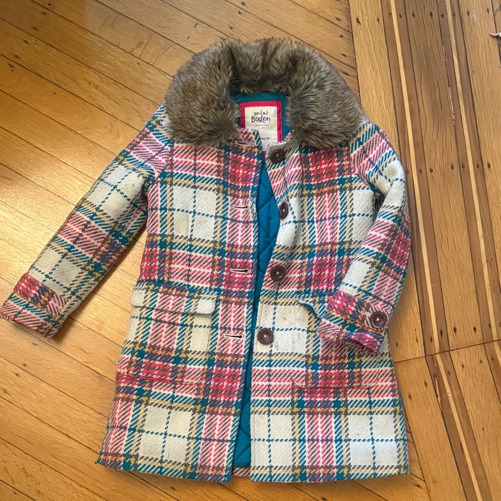 Mini Boden Pink and Blue Plaid Coat with Faux Fur Collar